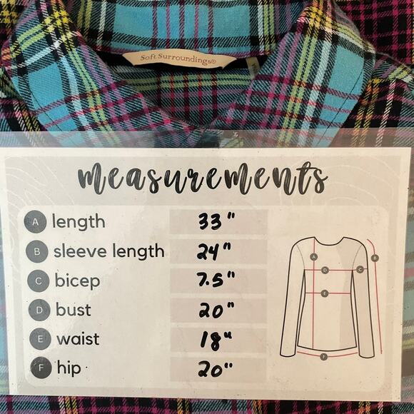 Soft Surroundings M Highlands Plaid Velvet Cuff Shirt Turquoise Pink Boho - Picture 14 of 14